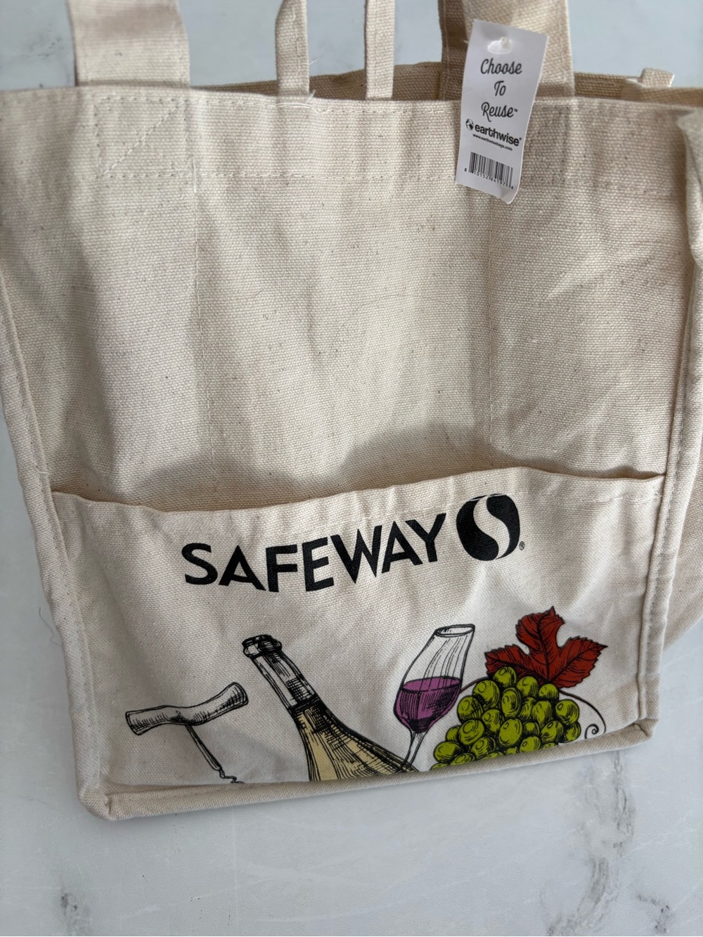 Small Safeway Canvas Reusable Wine Tote Bag with Colorful Wine & Grape Print